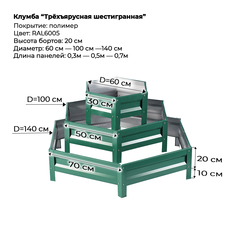 Клумба--0,6-20см--6-граней-3 яруса--6005 Клумба трехъярусная шестигранная цветная — изображение 1